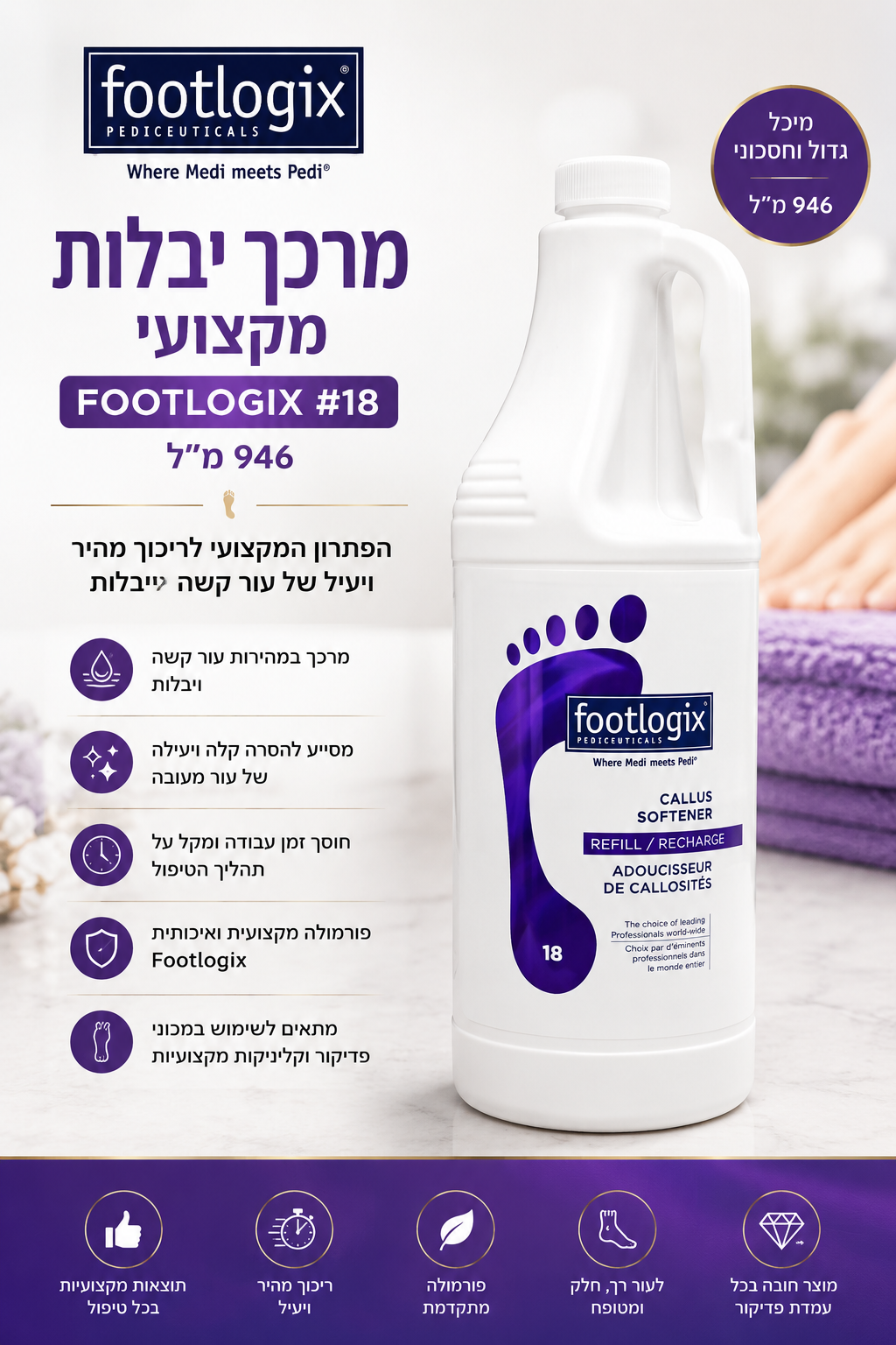מרכך יבלות מקצועי Footlogix #18, בנפח 946 מ"ל