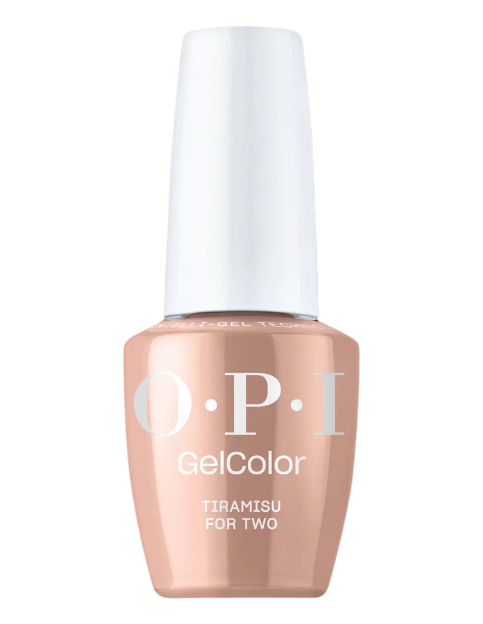 בקבוק לק ג'ל OPI בגוון בז' עדין בשם 'Tiramisu for Two', עם מכסה ותווית גלויים