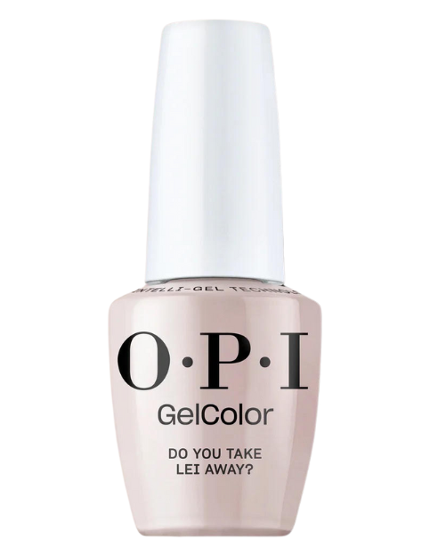 בקבוק לק ג'ל OPI בגוון בז', עם תווית הכוללת את שם הגוון 'DO YOU TAKE LEI AWAY?' ומכסה גלוי