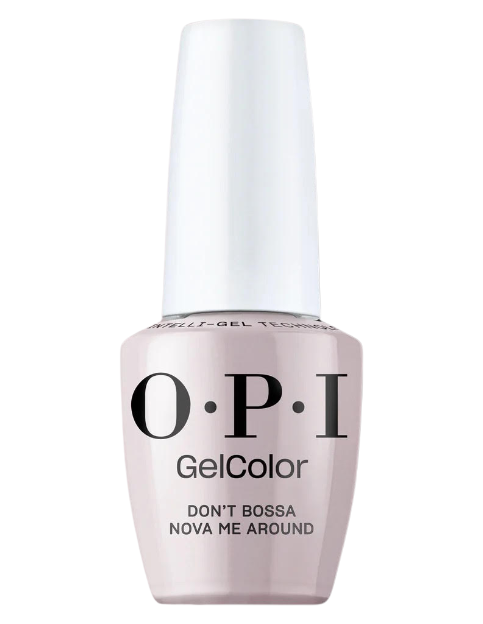 בקבוק לק ג'ל OPI בגוון ורוד, עם מכסה לבן ותווית גלויה