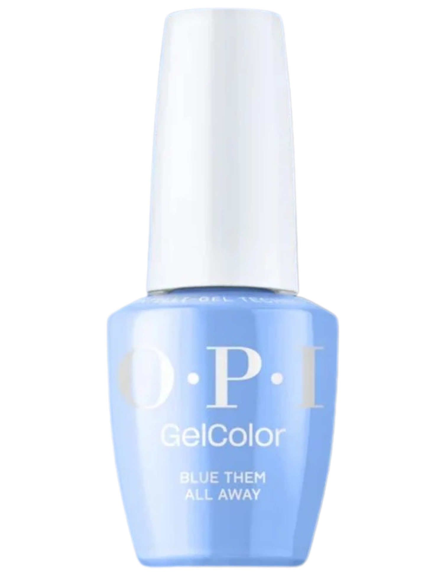 Blue bottle of OPI GelColor nail polish on a white background
