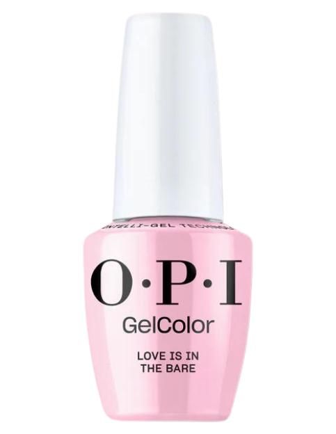 בקבוק לק ג'ל OPI בגוון ורוד טבעי, עם תווית הכוללת את שם הגוון 'LOVE IS IN THE BARE' ומכסה גלוי