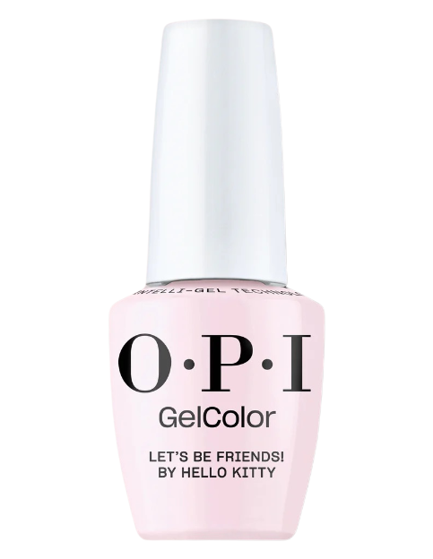 בקבוק לק ג'ל OPI בגוון ורוד, עם מכסה ותווית בעיצוב Hello Kitty