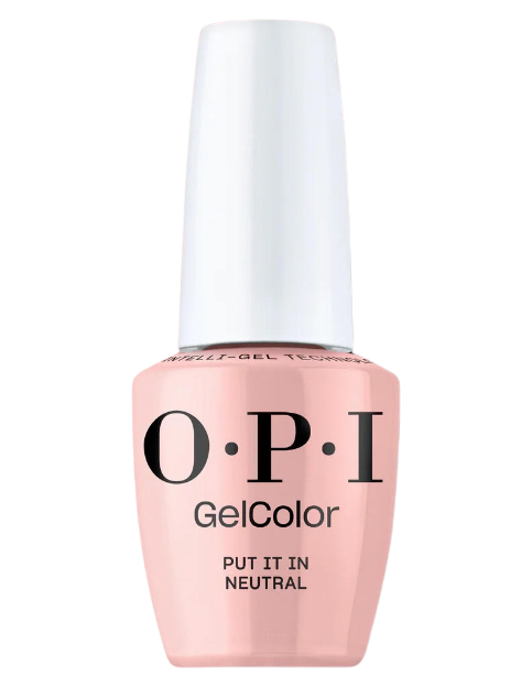 בקבוק לק ג'ל OPI בגוון ניוד רך Put It in Neutral, עם מכסה ותווית גלויים