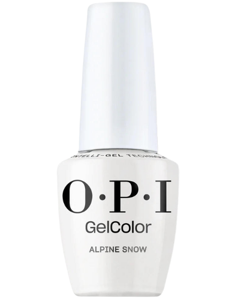 בקבוק לק ג'ל OPI בגוון לבן בוהק Alpine Snow, עם מכסה ותווית גלויים