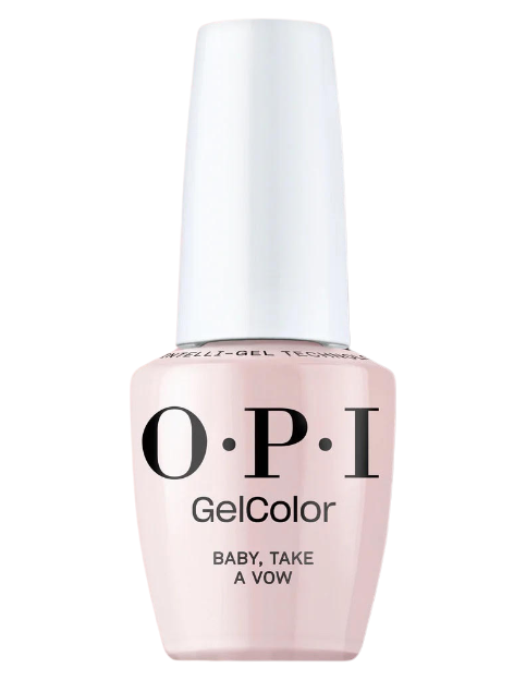 בקבוק לק ג'ל OPI בגוון ורוד בהיר ורומנטי Baby Take a Vow, עם מכסה ותווית גלויים