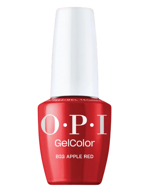 בקבוק לק ג'ל OPI בגוון אדום נועז Big Apple Red, עם מכסה ותווית גלויים