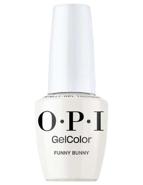 בקבוק לק ג'ל OPI בגוון הלבן האייקוני Funny Bunny, עם מכסה ותווית גלויים