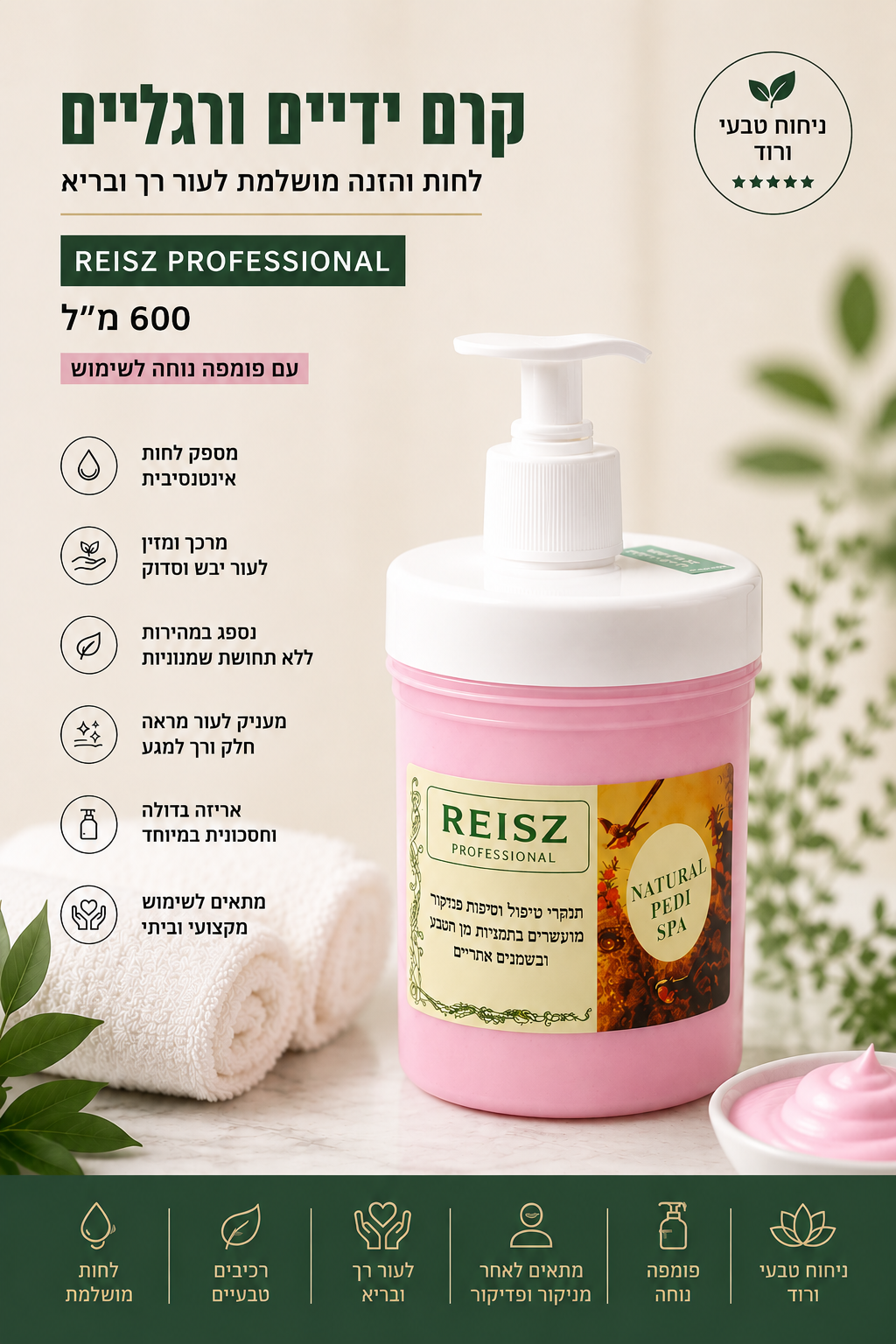 קרם ידיים ורגליים מקצועי ורוד עם פומפה 600 מ"ל | REISZ PROFESSIONAL