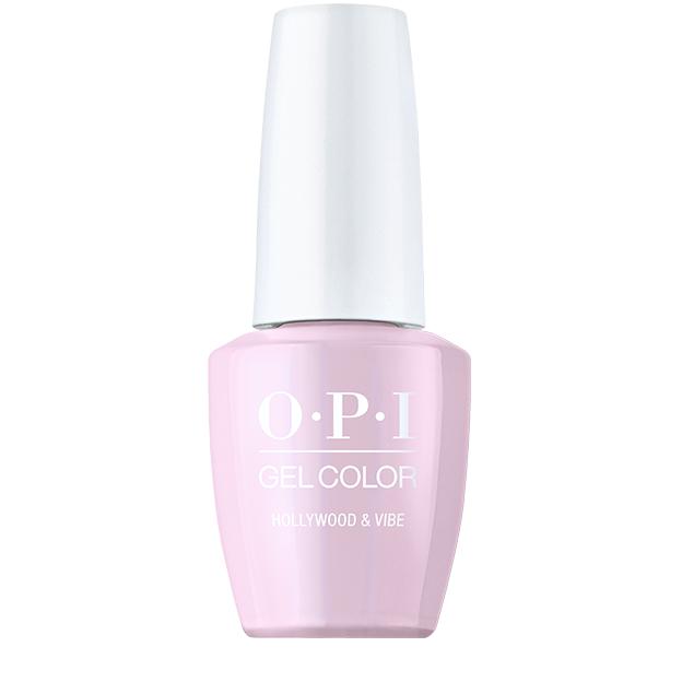 בקבוק לק ג'ל OPI בגוון ורוד, עם מכסה ותווית, לשימוש מקצועי בטיפוח ציפורניים
